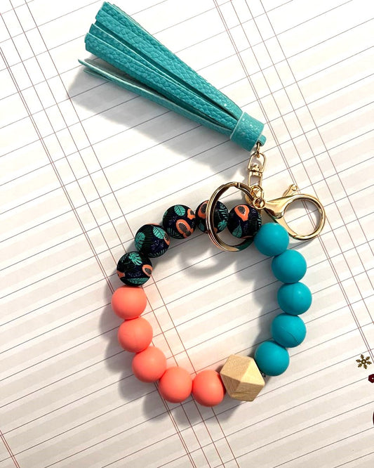 Tassel Wristlet - Teal and orange flowered